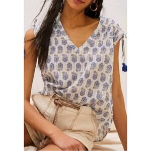 Anthropologie Shirred Cap-Sleeved Blouse Top Drawstring Paisley Print | L EUC